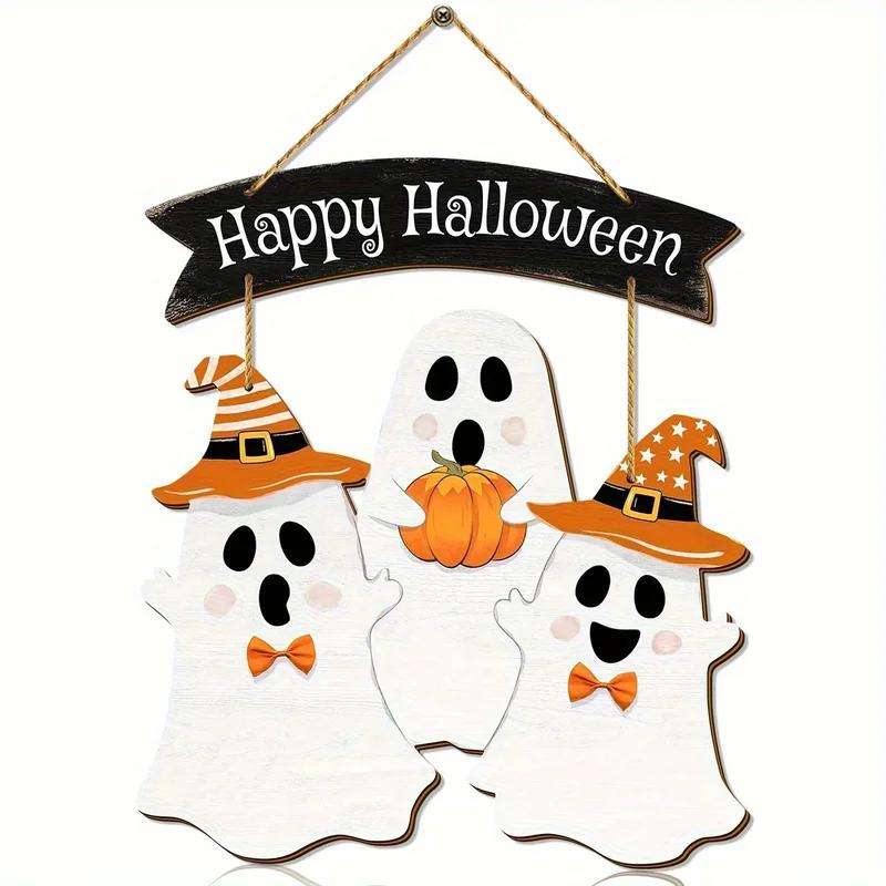 Halloween Wooden Floating Board | Vibrant Holiday Decor with Ghost Costumes and Pumpkin Patterns | Bohemian-Style Mural