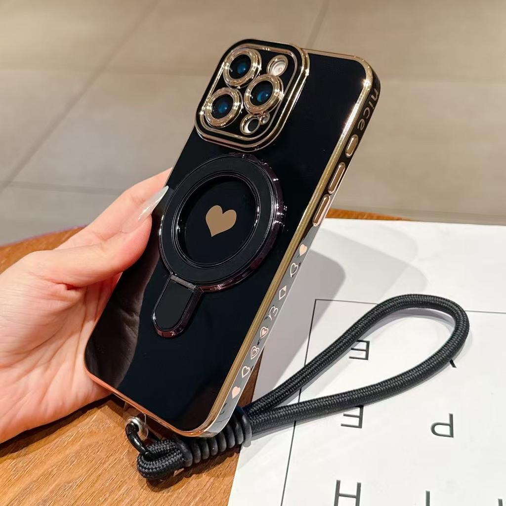 Plating TPU With a wrist strap Case For iPhone16 15 14 13 12 16 Pro Max Plus iPhone11 Covers With Stand Holder Female Girl Women