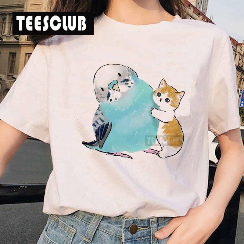 Women's Polyester 100% European-Style Cartoon Parrot Cat Print T-shirt Short Sleeve Harajuku Graphic Top Summer