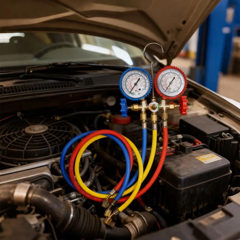 R134a Air Conditioning Pressure Gauge with Hose and Hook 3 Way AC Diagnostic Manifold Gauge Set Freon For R12 R22 R404A R134a