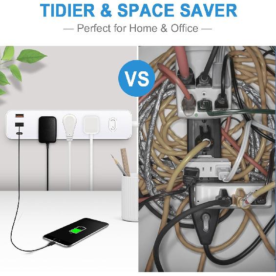 10FT Power Strip Surge Protector, 12-in-1 Power Bar with Multiple Outlets, 9 Outlet 3 USB Ports, Flat Plug Power Strip Surge Protector, Multi Outlet