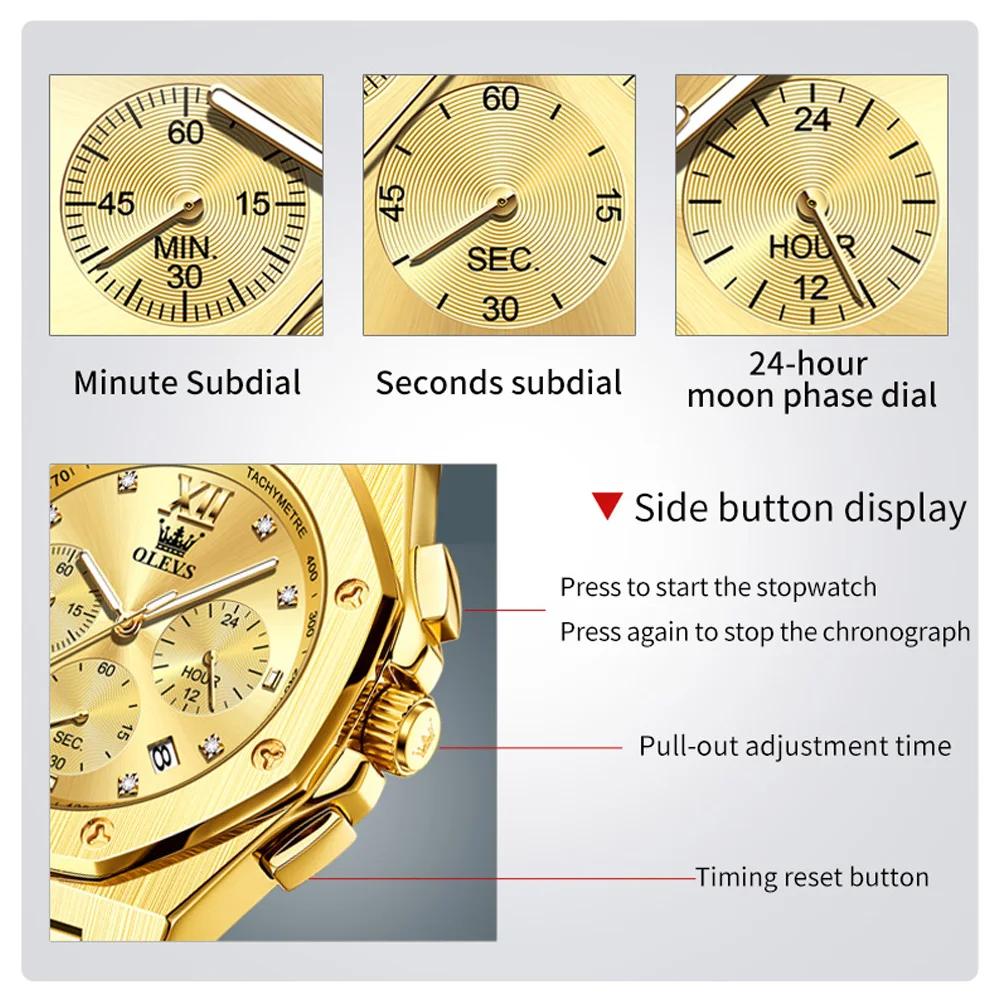 OLEVS Quartz Men Watch Multifunctional Luxury Wristwatch Diamonds Gold Stainless Steel Waterproof Clock