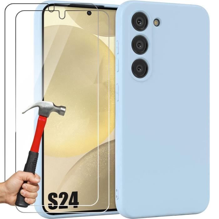 Coque pour samsung galaxy s24, silicone ultra slim bleu ciel + 2 protection d'écran verre trempé