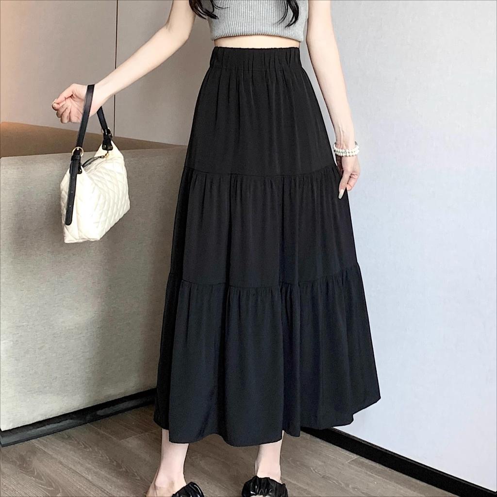 Black High-waisted A-line Mid Skirt Women's Spring Autumn Elegant White Long Pleated Skirts