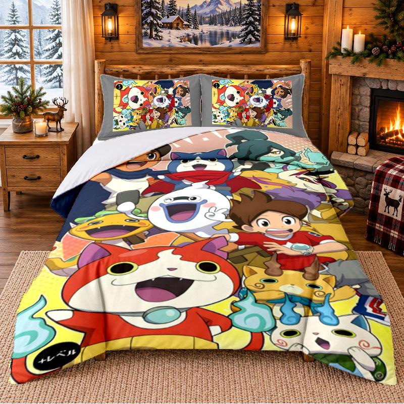 Yo Kai Watch Pattern Bedding 3Pcs Set Bed Sheet And Pillowcases For Indoor Bedroom