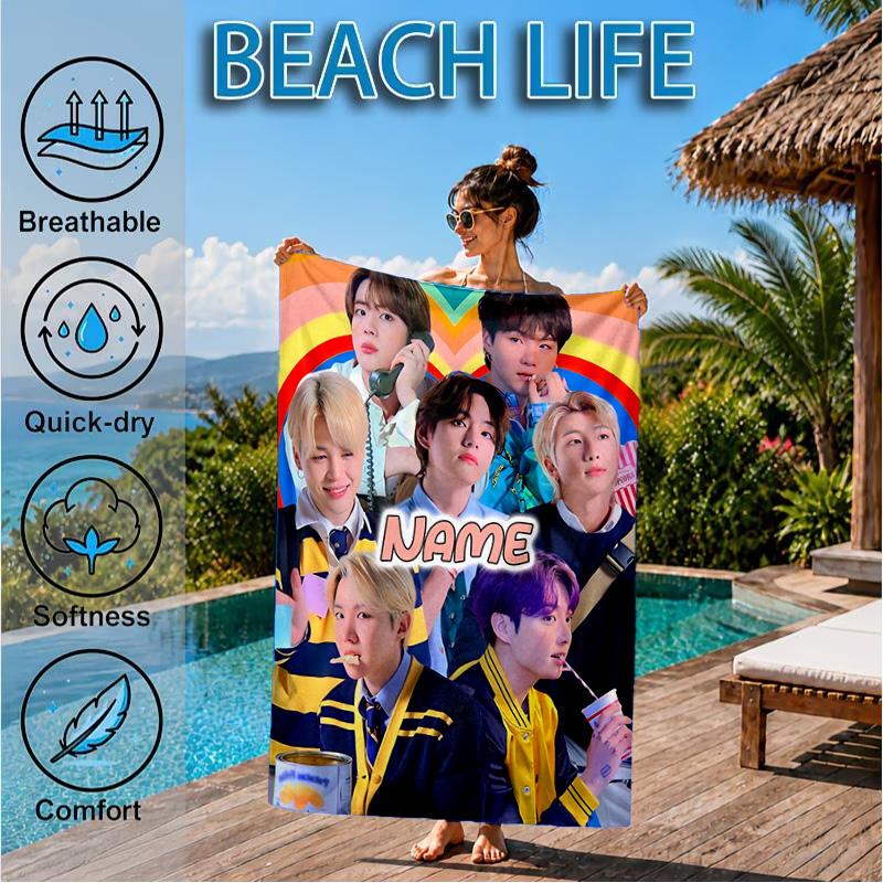 Custom Name Colorful Cartoon K-pop Characters Beach Towel Microfiber Beach Towel, Lightweight and Quick-Dry, for Summer Travel, Swimming Pool Gift