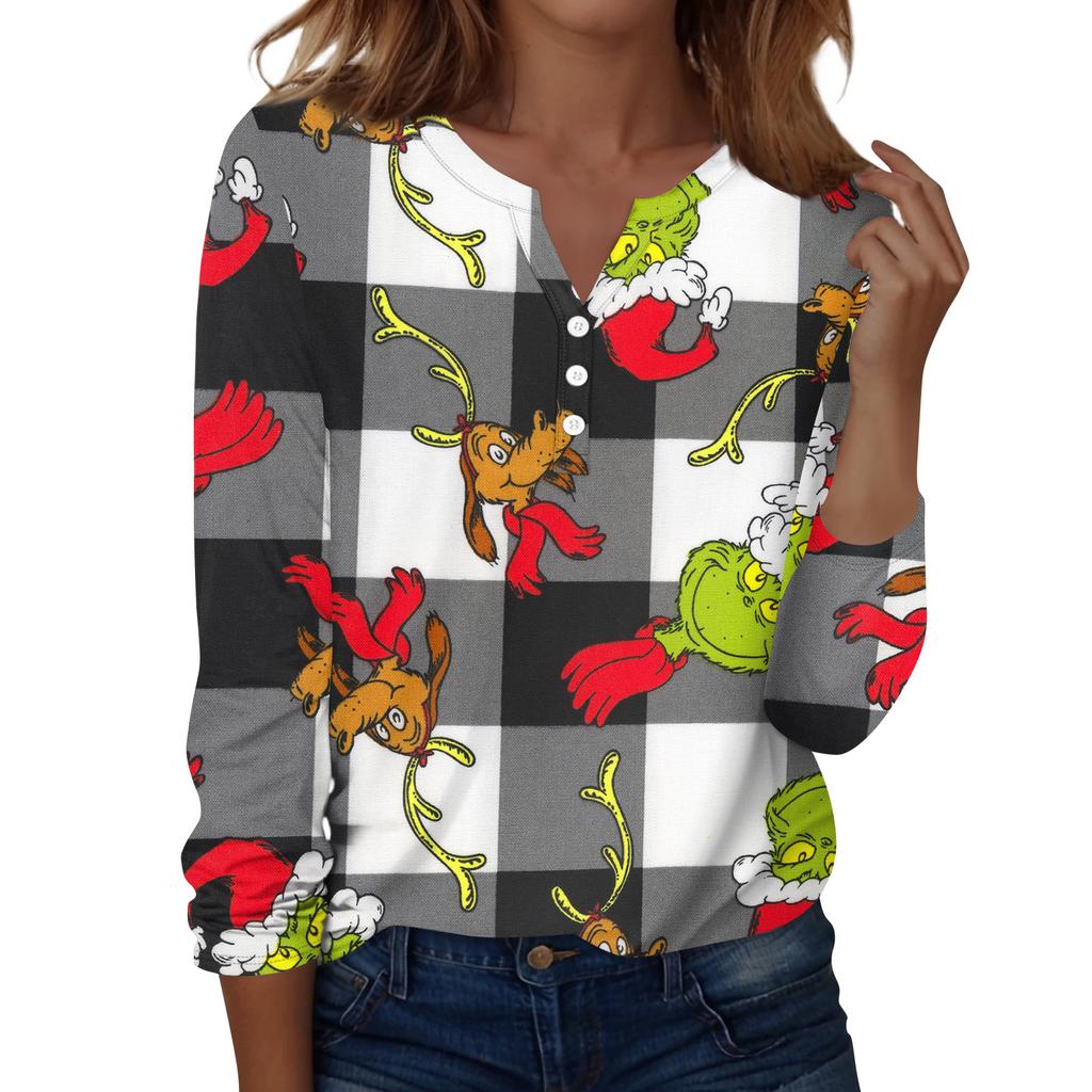 Women's Fashion Casual V-Neck Long Sleeve Decorative Button Christmas Print Top
