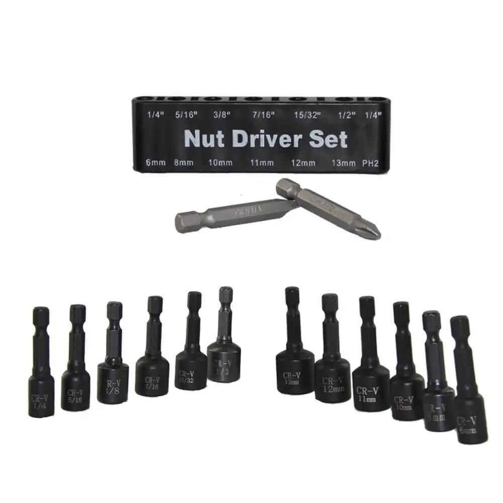 14 Pcs Power Magnetic Nut Driver Drill Bit Set Metric & SAE Socket Wrench & Screw 1/4 Inch Dr. Hex