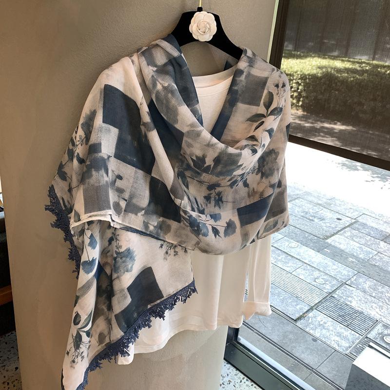 High-End Shawl Silk Scarf Women'S Bali Yarn Silk Scarf Korean Plain Leaf Print Scarf Cape Versatile Cape Cape