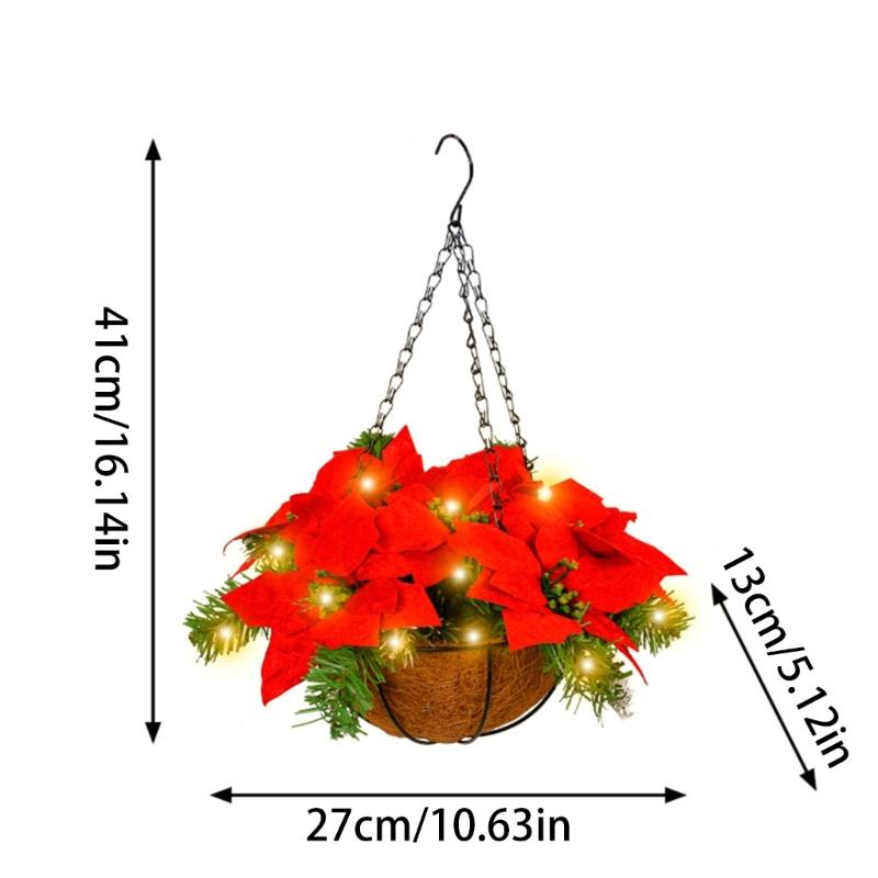 Artificial Poinsettia Floral Red Flowers Hanging Basket with LED Lights Christmas Hanging Basket Create Warm Atmosphere
