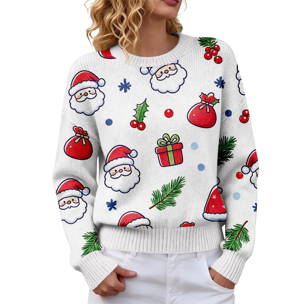 Women's Soft Christmas Print Crewneck Long Sleeve Sweater for Fall Winter