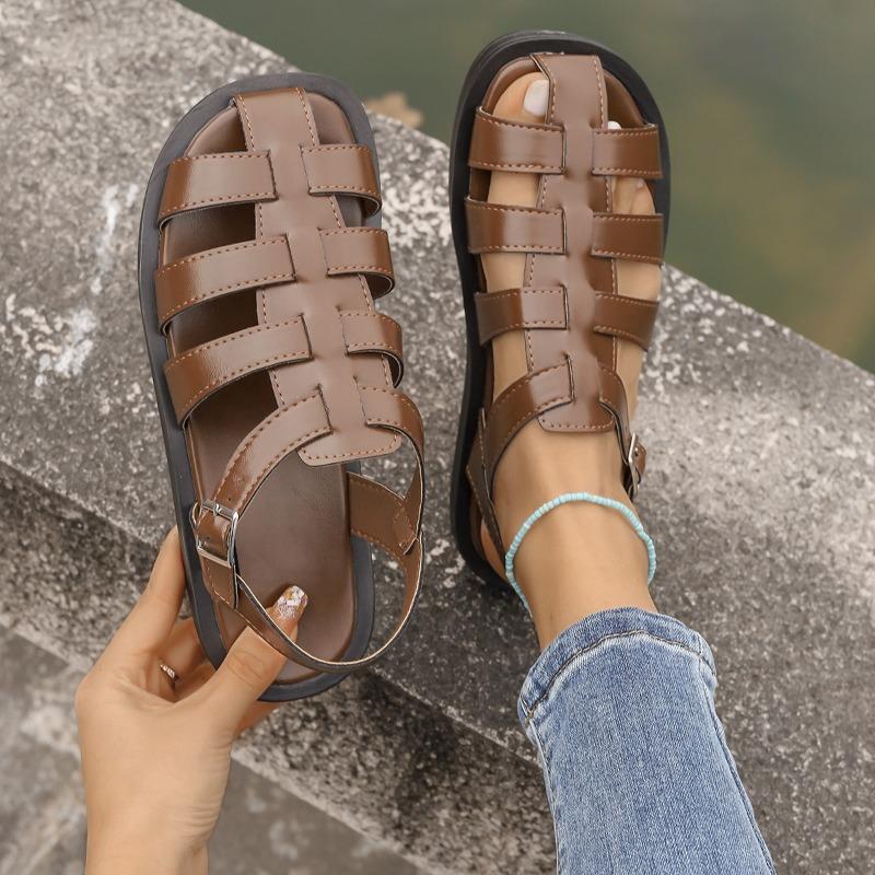 Large size woven one-word buckle belt hollow flat sandals summer new comfortable versatile Roman sandals