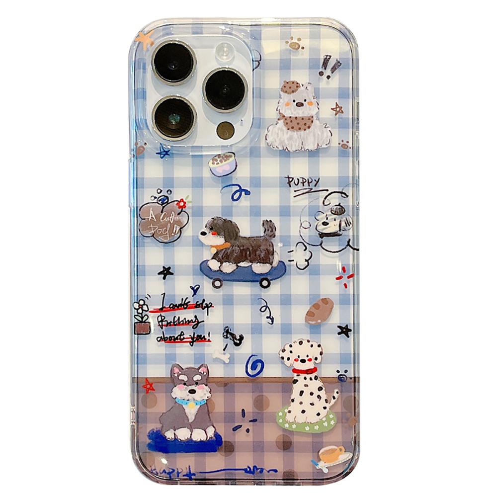 

Cute Puppy Blue Grid Pattern Lattice Transparent Cartoon Case for IPhone 16 15 14 17 Pro Max 13 Shockproof Protective Back Cover iPhone17 Pro