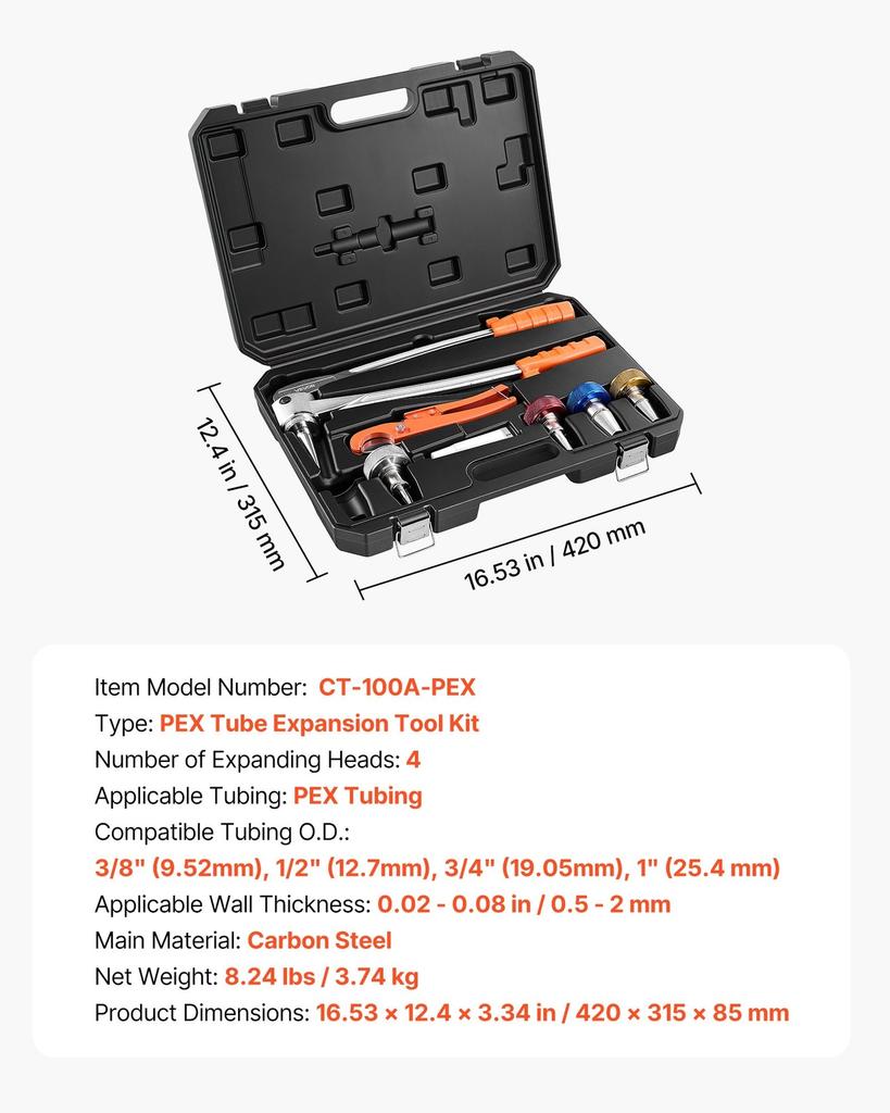 PEX Pipe Expander Tool Kit, Manual Tubing Expansion Tool for 9.52mm, 12.7mm, 19mm, 25.4mm PEX Pipes - with 4 Expanding Heads, Pipe Cutter & Toolbox