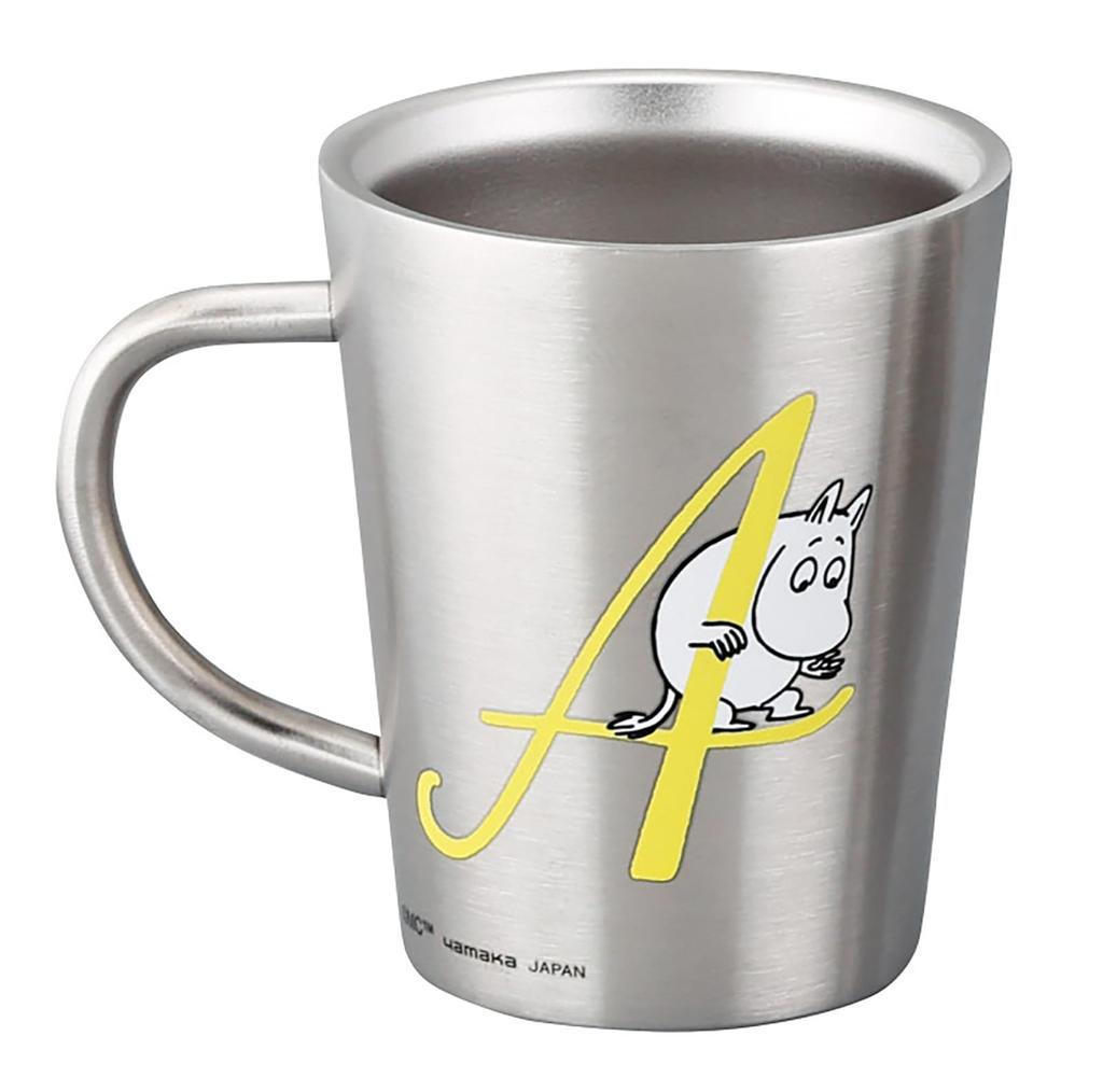 Moomin Stainless Steel 9 x Initial Birthday Made in Mug, Heat-Resistant, Double-Walled, 360ml, Diameter Approx. 11cm, "A", Silver, Gift, Japan,