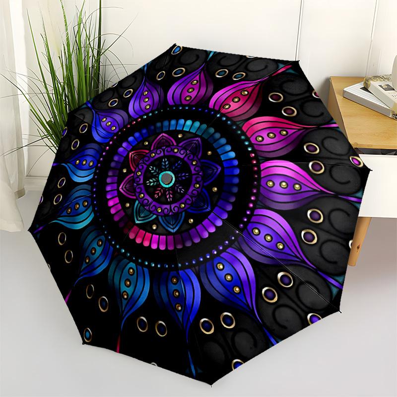 1pc Mandala Design Automatic Umbrella - Stylish, Durable, with 8-Rib Manual Open Design, Elegant Black Handleyy250920099