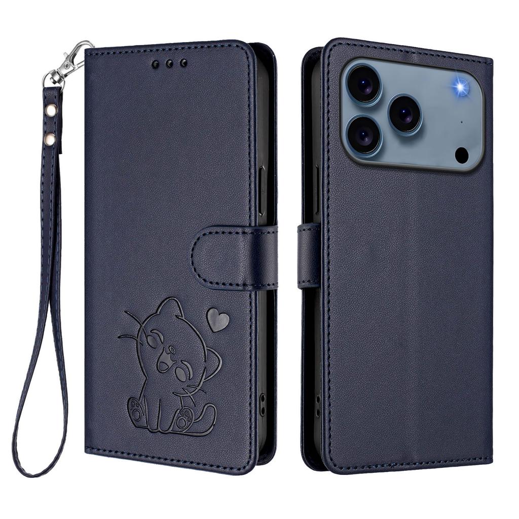 Für iPhone 17 Pro Max Brieftasche Hülle mit Handschlaufe Love Cat Muster Prägung Leder Handyhülle