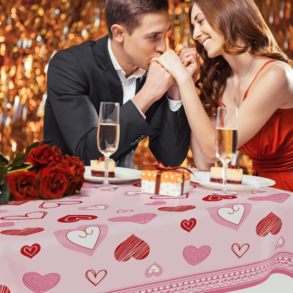 Valentines Tablecloth, 2Pcs Valentines Tablecloth Plastic 54x108 Inch Red Pink Love Heart Table Cloth Valentines Tables Cloth Disposable Rectangle