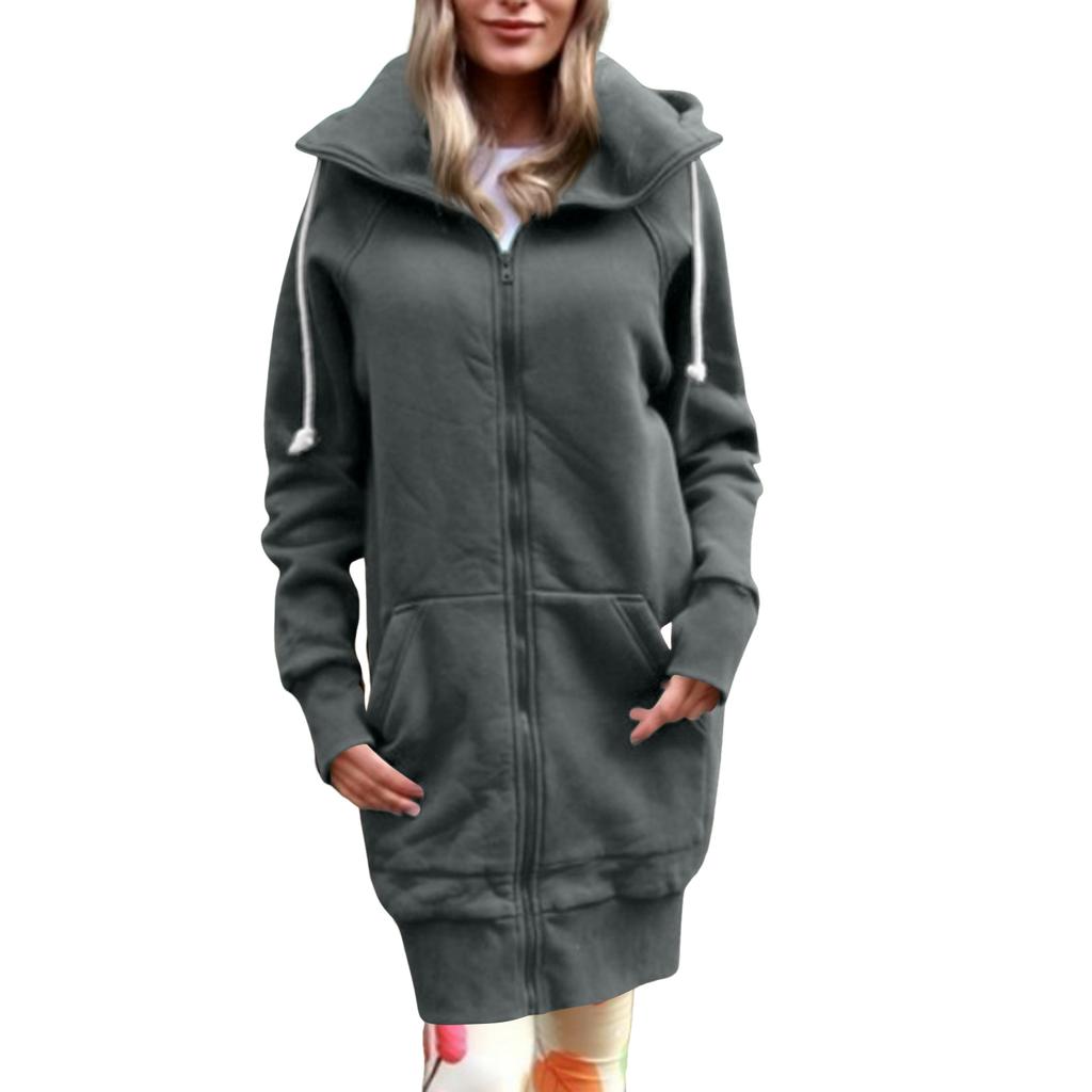 Women's Fashion Jacket Casual Solid-color Long-sleeved Cardigan Hoodie Long Coat