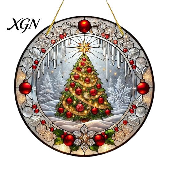 Runde Buntglas-Weihnachtsbaumschmuck Stil Acryl Fensterhänger, Weihnachtsbaum Schneeszene Innenparty-Dekorationen Sonnensammler, Tür Heimdekoration