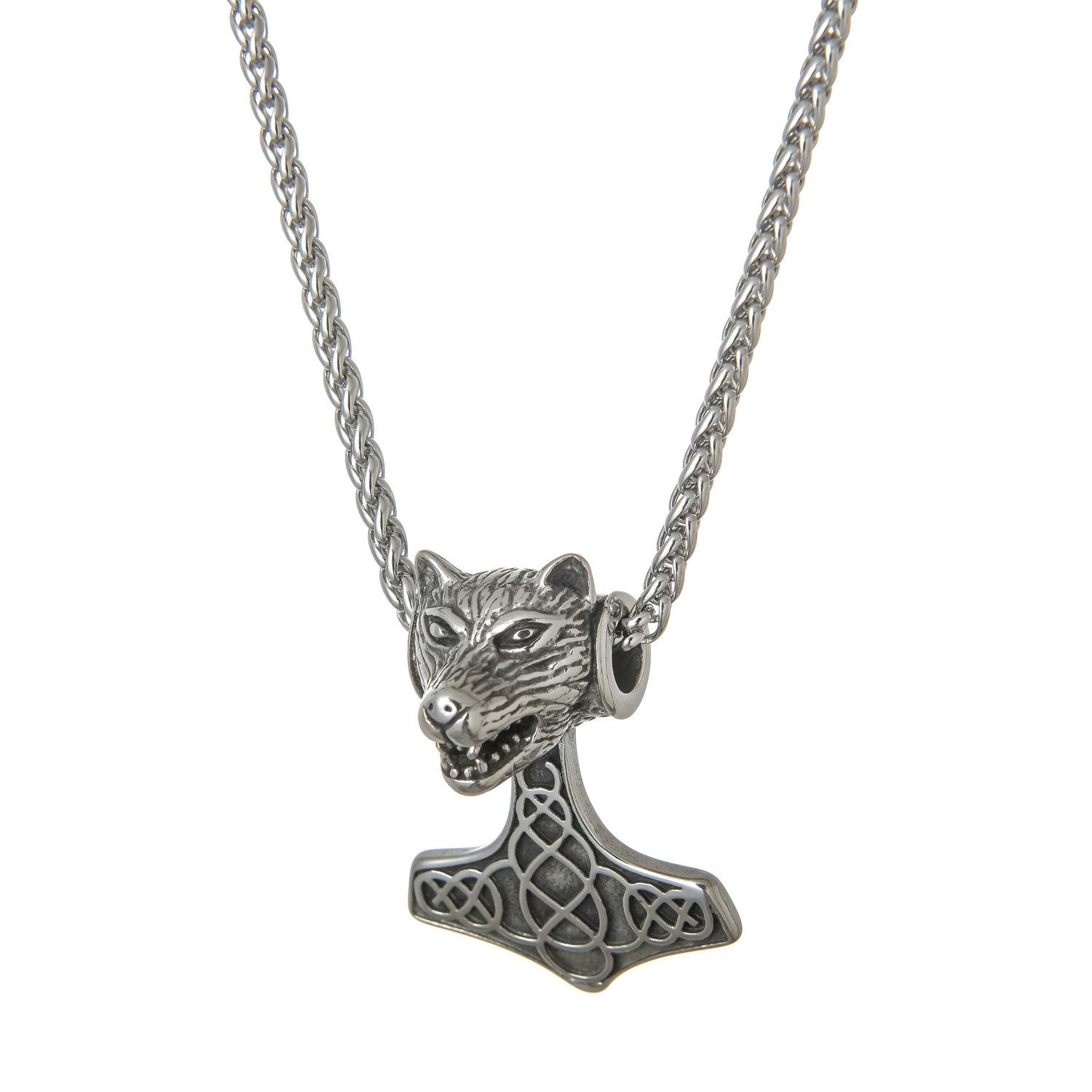 In stock, titanium steel stainless steel hip-hop wolf head Thor s hammer pendant, retro domineering men s necklace.