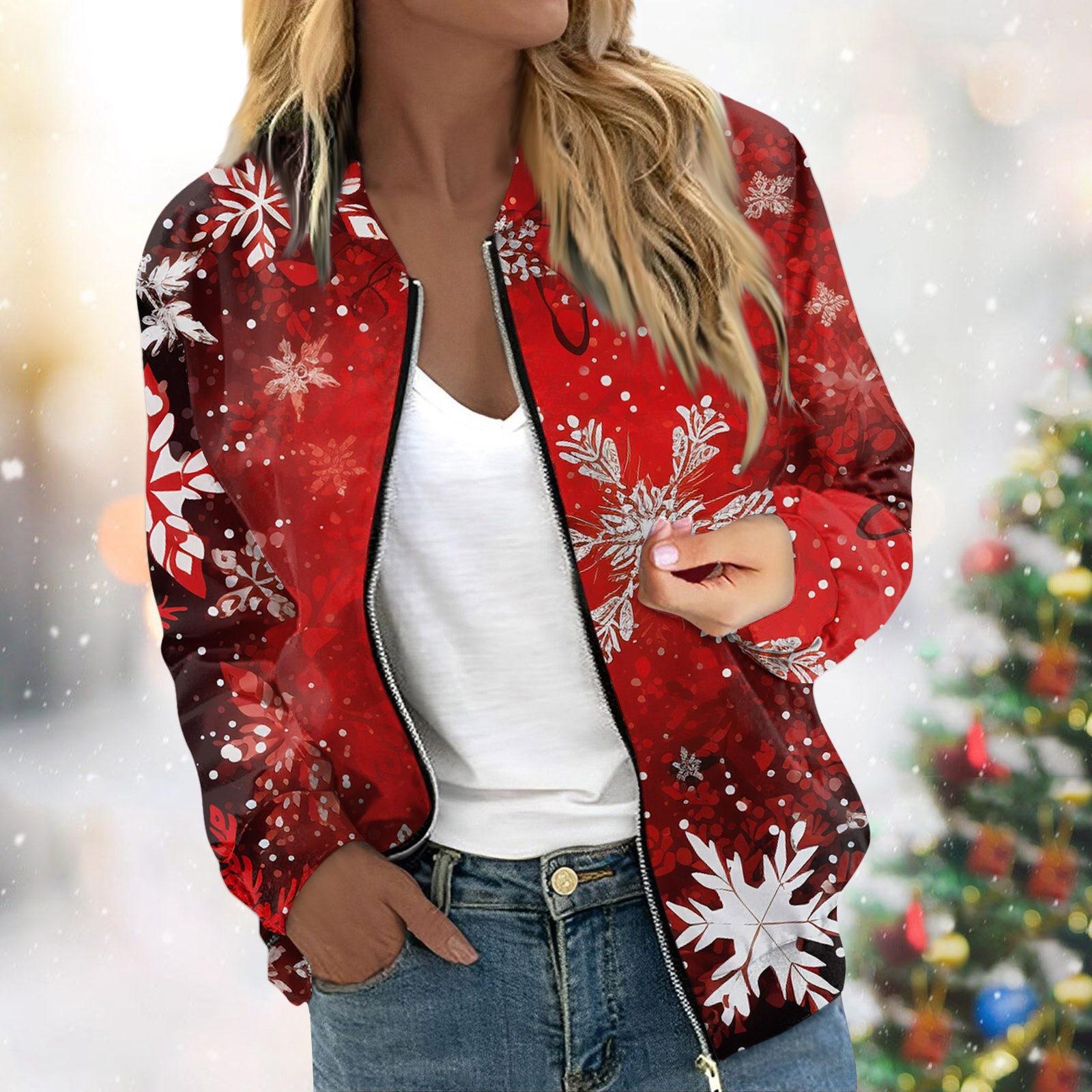 

Женская легкая короткая куртка с длинными рукавами на молнии с принтом, повседневная стеганая куртка с карманами, рождественская S красный