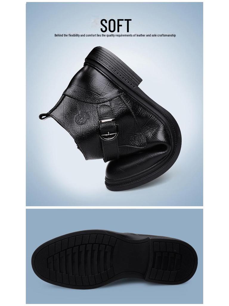 Men's British Style Mid-High Top Layer Cowhide Martin Boots, Autumn/Winter Leather, Plus Velvet, Zipper Short Boots