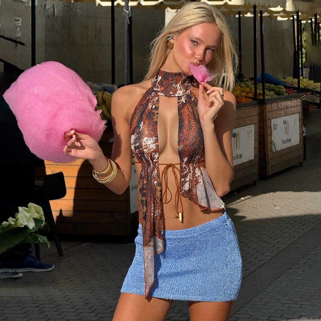 European and American style women's clothing spring and summer new contrasting color printing sexy big halter hollow neck strap-on vest