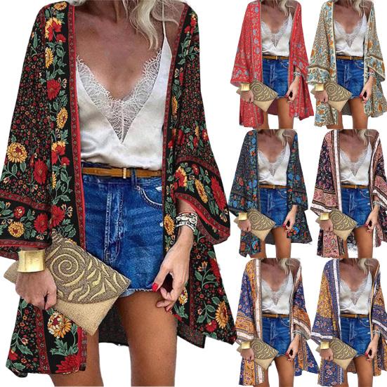 Women Cardigan Floral Print Batwing Sleeve Summer Bohemian Sun Protection Long Blouse for Daily Wear