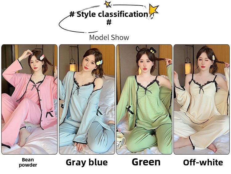 Dámská jarní/podzimní pyžamová souprava: Sladký top na ramínka s vycpávkami na prsou, dlouhými rukávy a kalhotami, nadměrná velikost až do 230 lbs, třídílný domácí oděv.