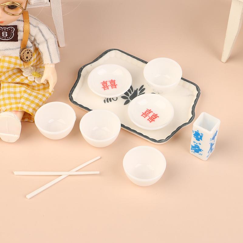 Dollhouse Miniture Bowl Plate Chopstick Tray Kit Doll Home Simulation Kitchen Tableware Decoration Pretend Play Toys