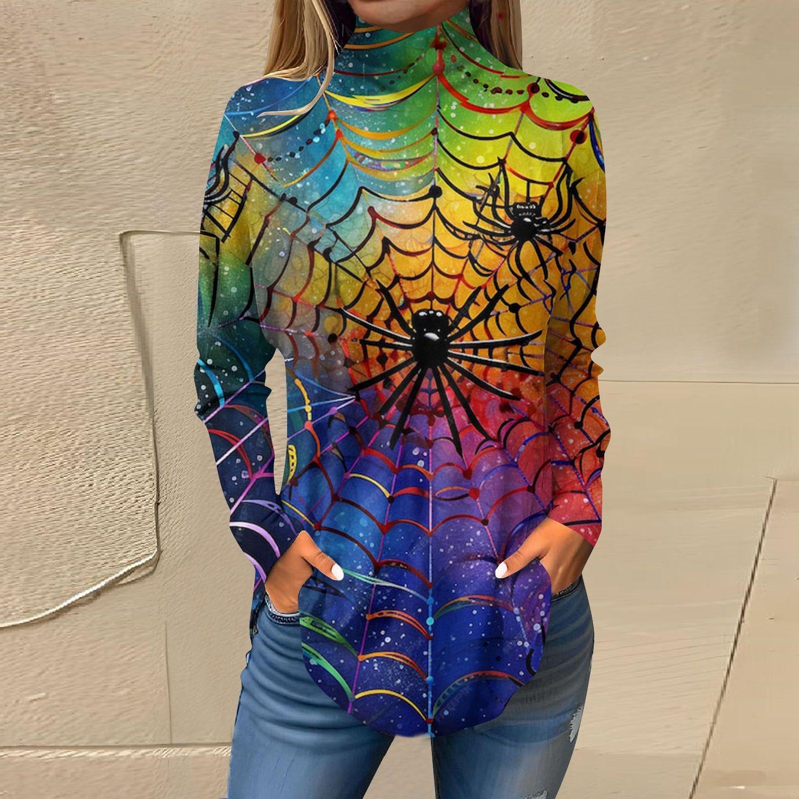 Женская свободная футболка с высоким воротом и длинными рукавами — фото 7