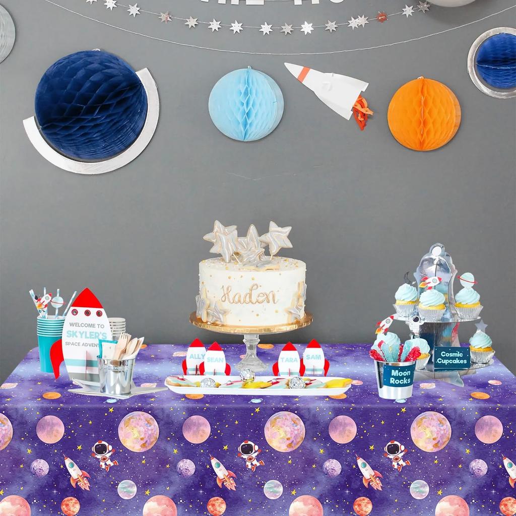 4 Pack Galaxy Tablecloth - Astronaut Rocket Table Cover - Space Planet Decorations - 86 X 51 Inch