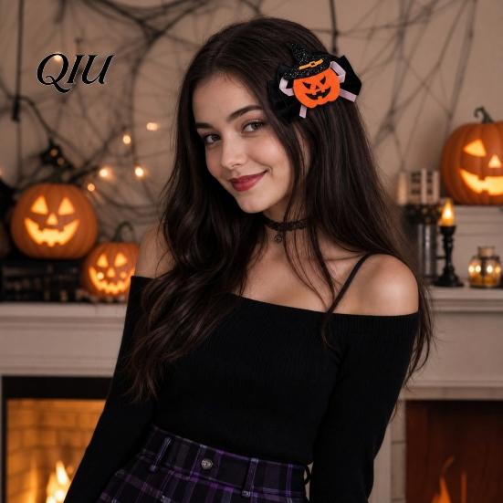 Funny Halloween Clips 1 Pair Girl Hairpins, Anti-Slip Clip Design Bang Hair Pins, 3D Bow Decorative Hairpin Pumpkin Skull Eyes Shape Clips,
