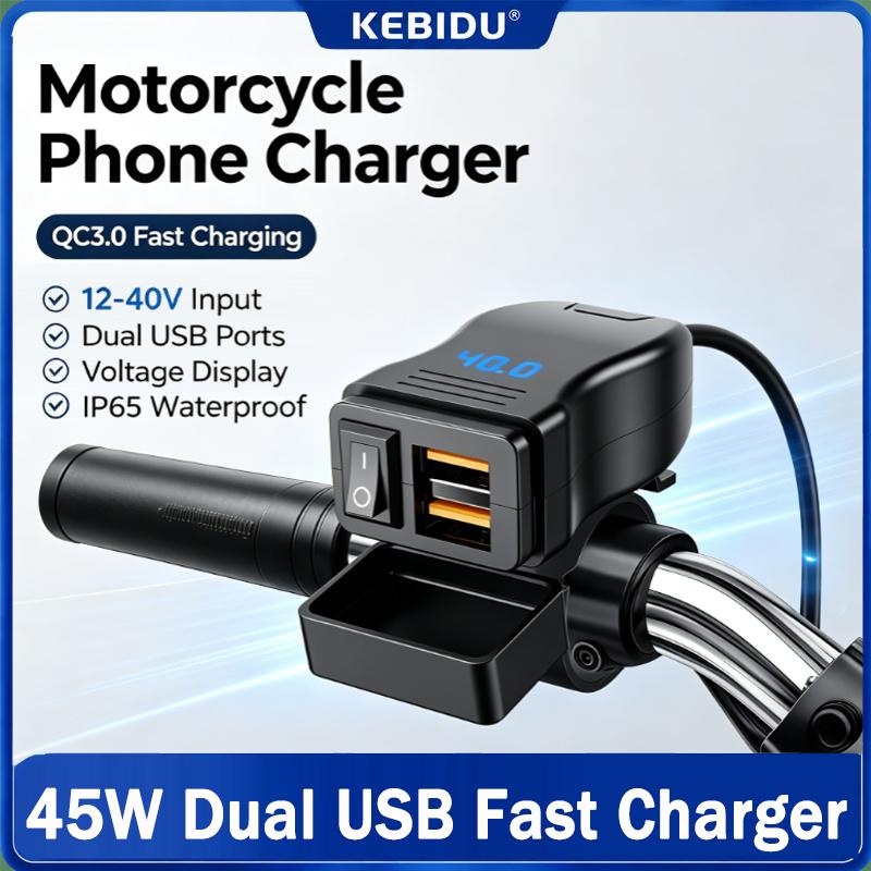 45W QC3.0 Motorcycle Charger 12-40V IP65 Waterproof Handlebar Dual USB Phone Power Adapter with Voltmeter & ON/OFF Switch for Scooter ATV Snowmobile