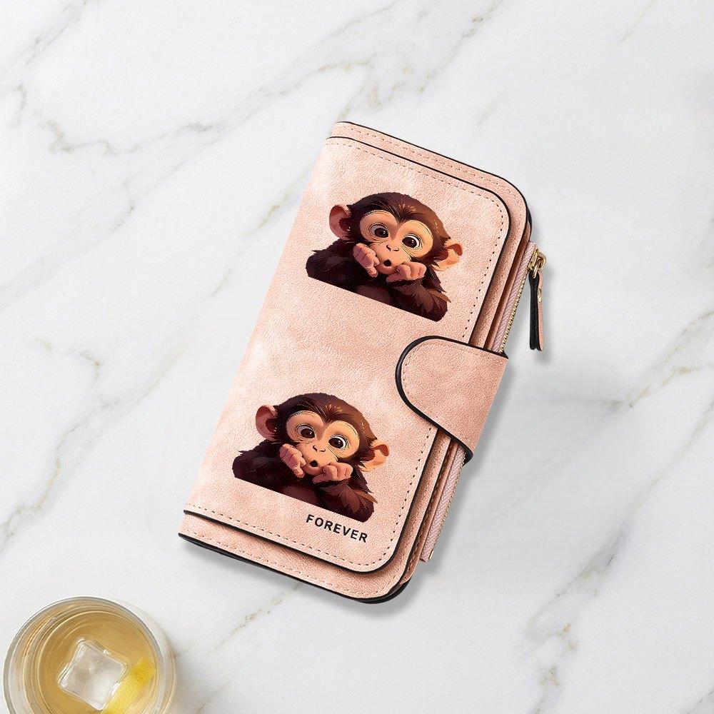 Printed Long Wallet with a Close-up Image of a Surprised Little Monkey. Multifunctional Portable Coin Purse with Snap Closure. Unisex, Suitable As a