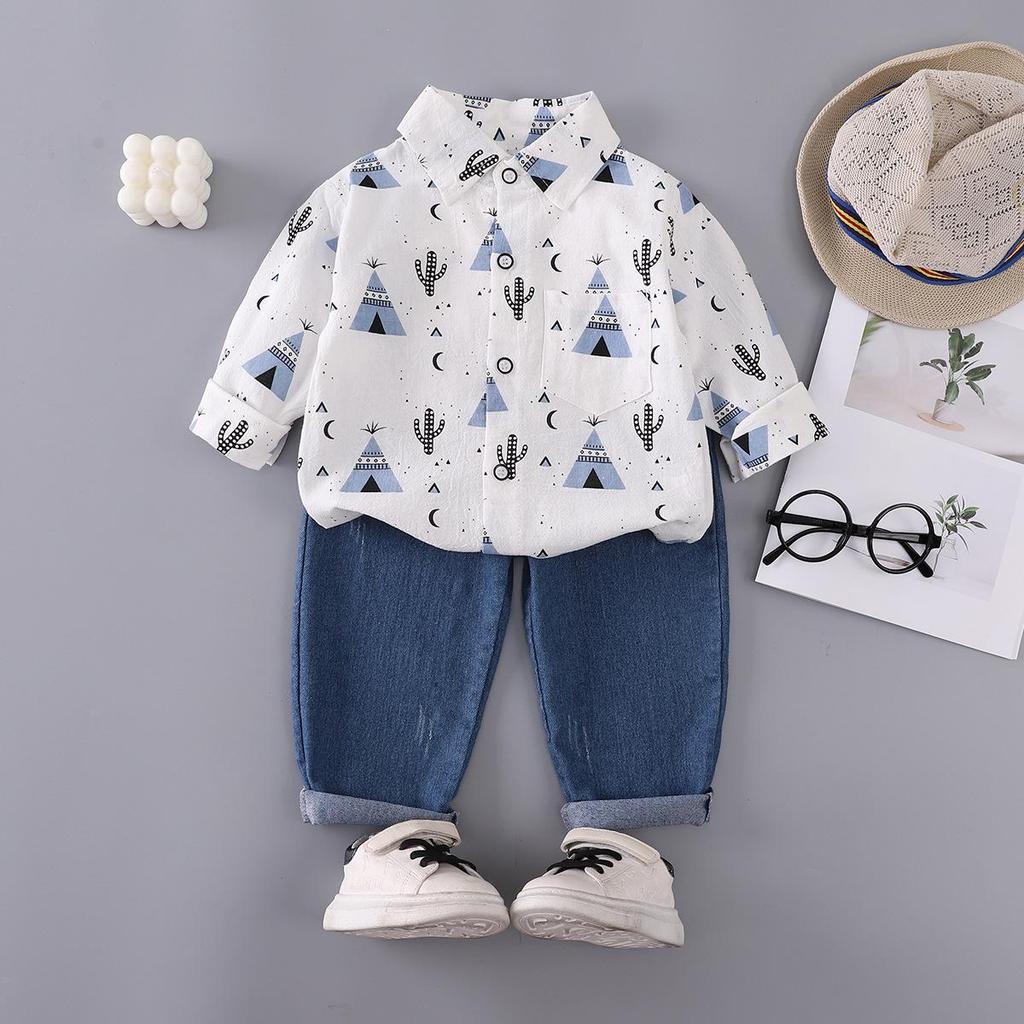 Boys' Cactus Print Long Sleeve Top & Casual Jeans Two-Piece Set