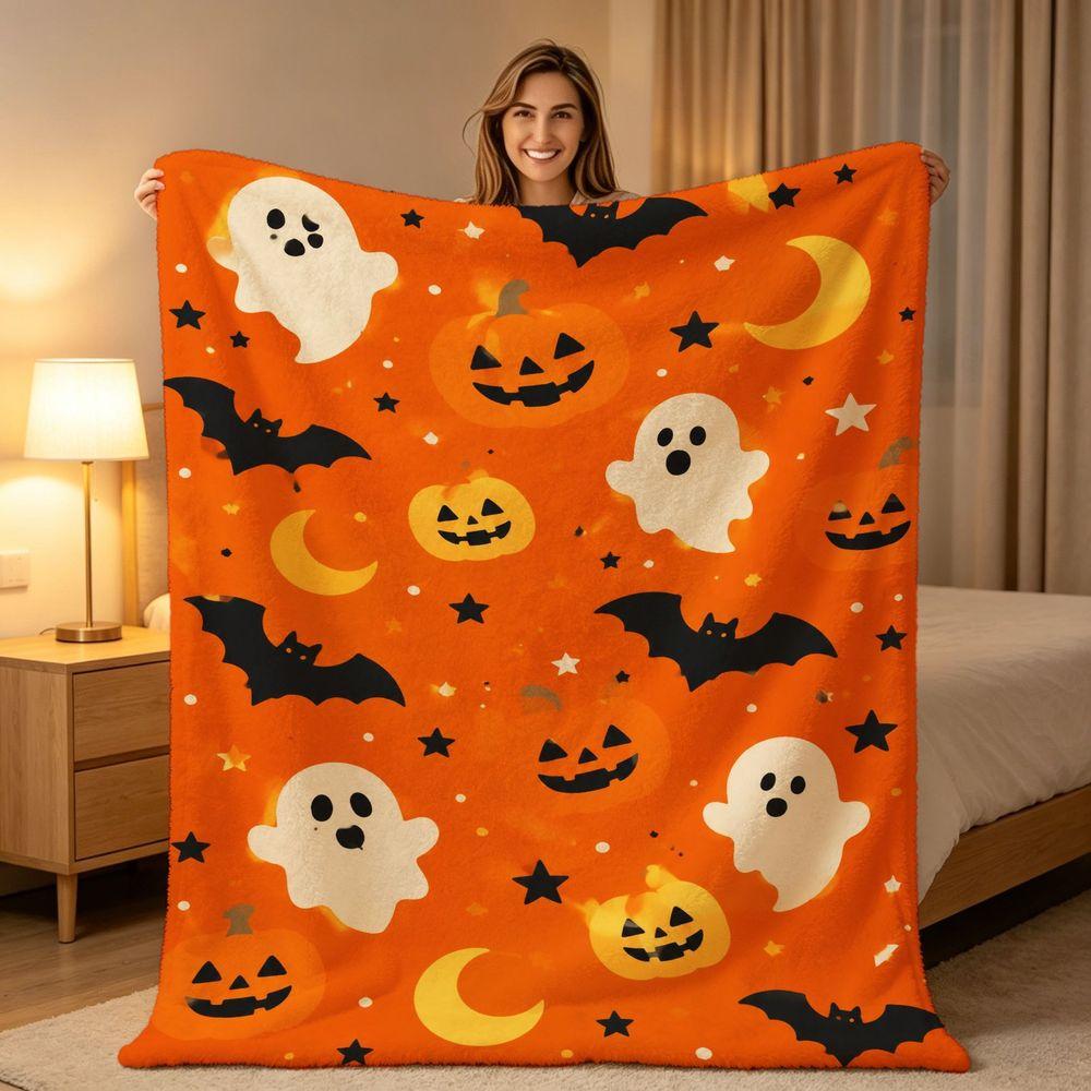 Cozy Fleece Blanket Suitable for Sofa Bed & Travel - Soft Warm Bedspread with, Bat, Pumpkin Lantern & Star Patterns, Modern Bedding for &, - Use for C
