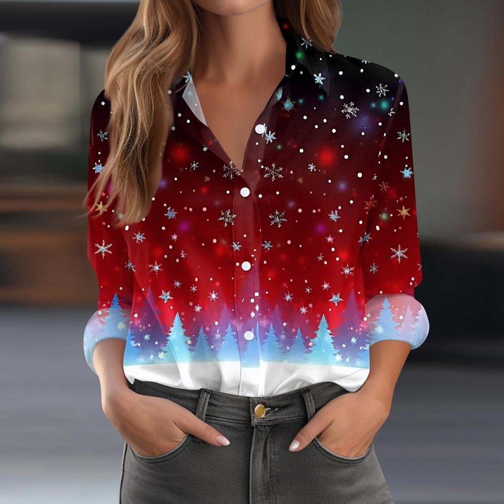 Skjortebluse for kvinner Juletrykkknapp Langermet Casual Basic skjortekrage Vanlig topp