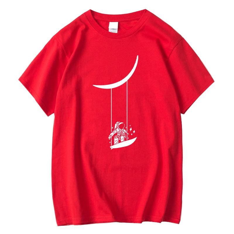 Astronaut Moon Swing Pattern Printed Summer Womens Tshirt Top Short Sleeve Round Neck Soft and Comfortable Casual Clothing