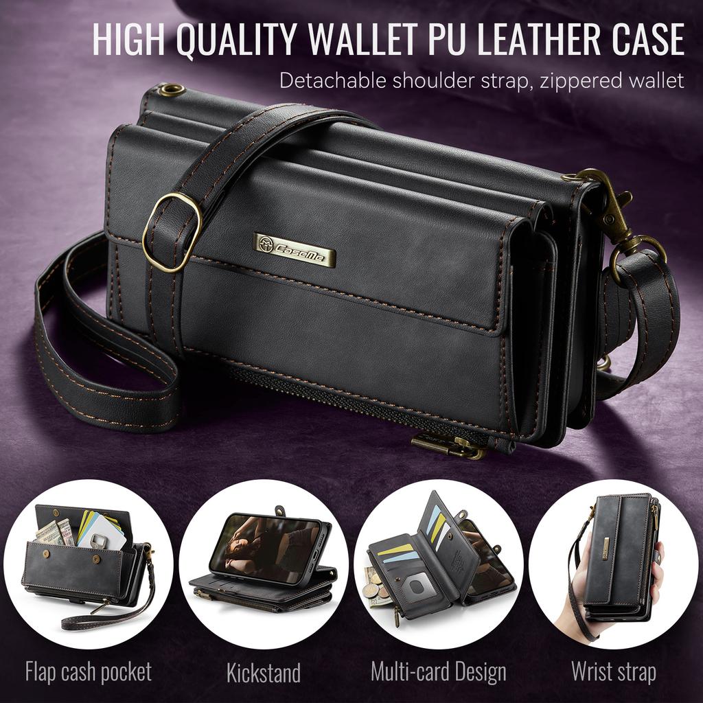 For IPhone 18 Pro Max 18 Pro Wallet Case, RFID Blocking Leather Case Kickstand Flip Cover Wrist Strap Zipper Card Holder Slots