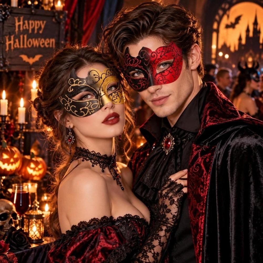 2PCS Metal Couple Masquerade Mask Lace Eye Mask Shared Party Set Half Face Mask Set Carnival
