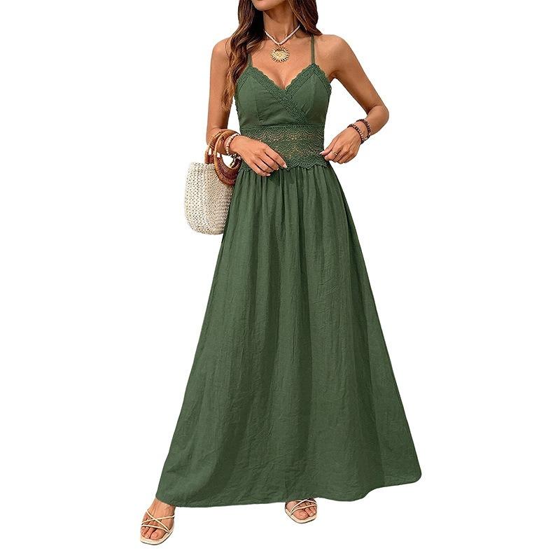 Ethnic Vacation Style Solid Color Lace Backless Spaghetti Strap High Waist Maxi Dress For Women