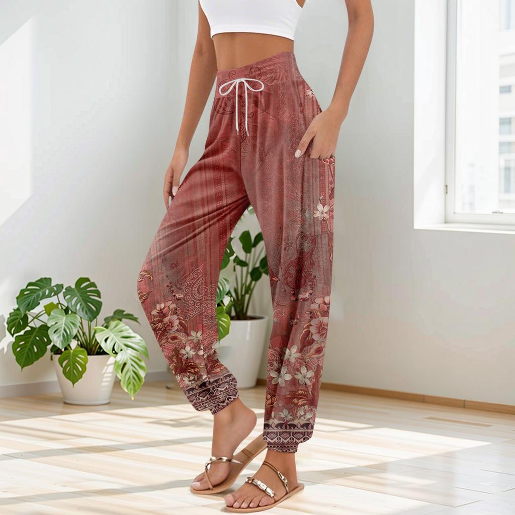 Women's Pocket Drawstring Trousers High Waist Yoga Retro Print Casual Pants