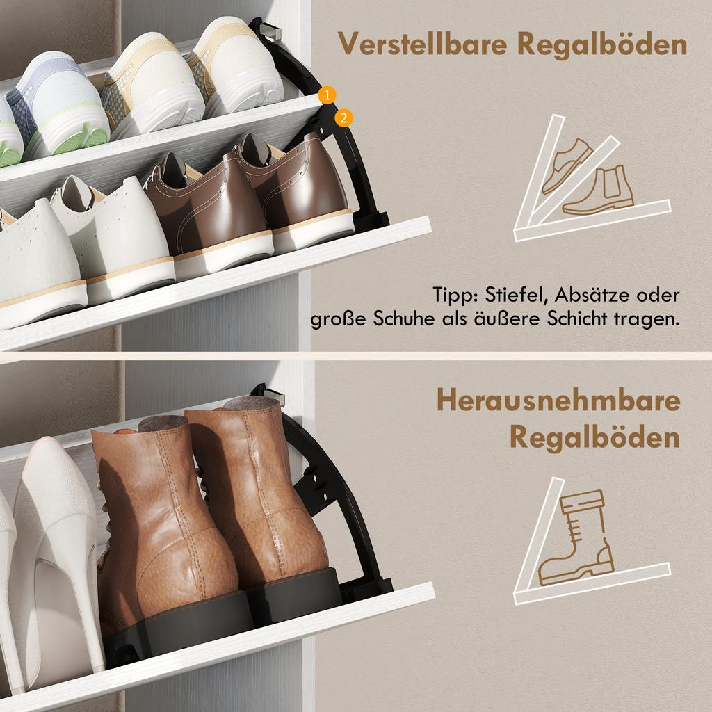 Shoe Cabinet with 2 Flaps Shoe Cabinet with Adjustable Divider, Open Compartment for 12 Pairs of Shoes 89 X 25 X 92 Cm White