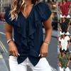 Womens V Neck Ruffle Short Sleeve Chiffon Shirt Summer Commute Solid Color Top