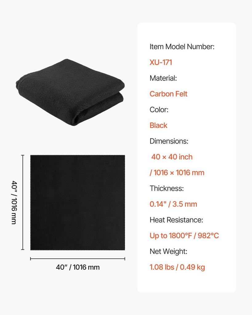 Carbon Felt Welding Blanket, 1016mm X 1016mm Flame Retardant Welding Blanket, Up To 1800°F Heat Resistant Safety Protection Blanket, 3.5mm Thickened
