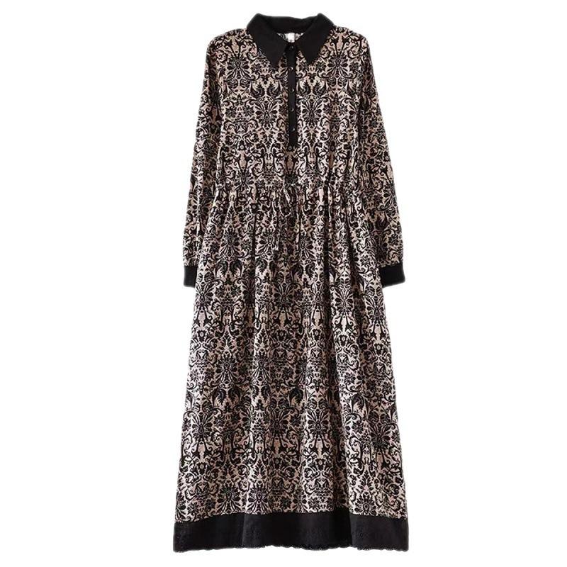 Spring New Literary Loose Cotton and Linen Printing Lapel Long-sleeved Dress Women's Waist Medium and Long
