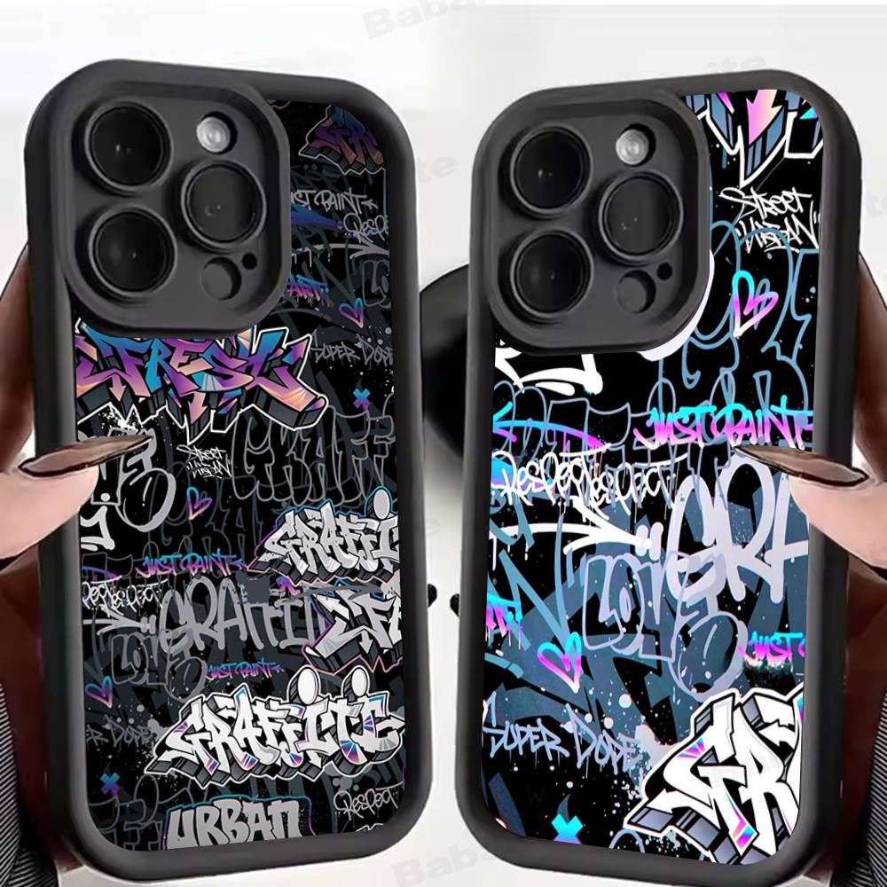 Stylový černý graffiti kryt na telefon pro iPhone 11 12 13 16 15 17 14 Pro Max Měkký silikonový kryt Funda