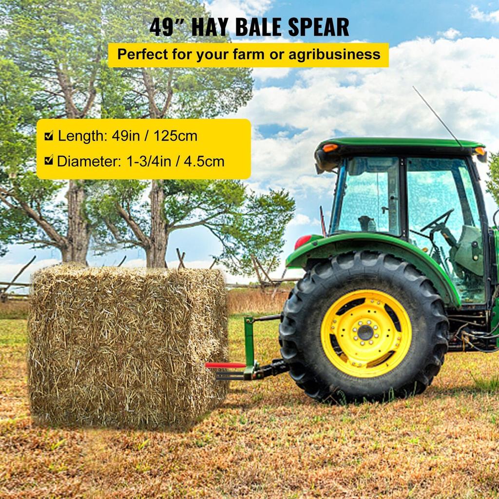 Hay Spear 49\" Bale Spear 3000 Lbs Capacity, Bale Spike Quick Attach Square Hay Bale Spears 1 3/4\" Wide, Red Coated Bale Forks, Bale Hay Spike with 2